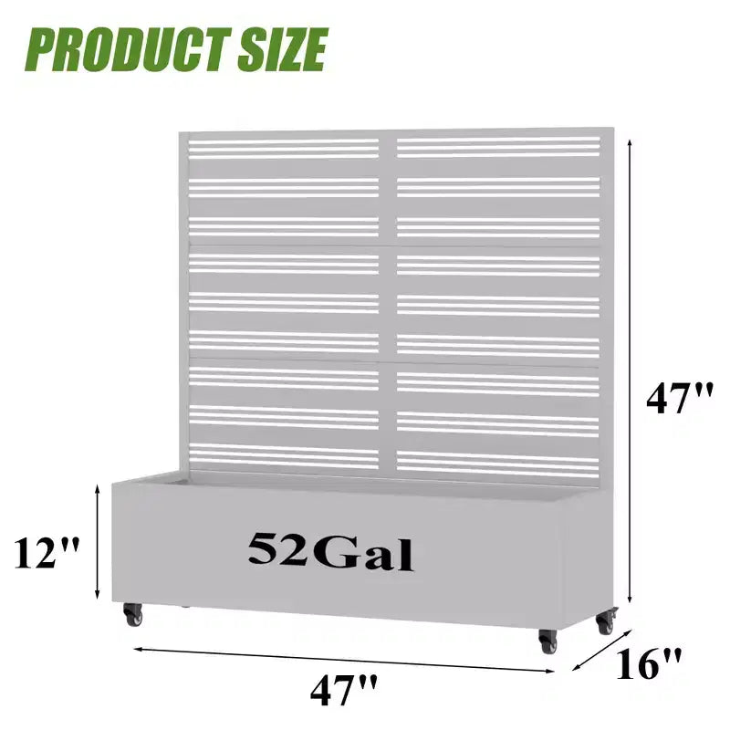 Grey wrought iron planters, 47x47x16, three-piece outdoor garden decor set.