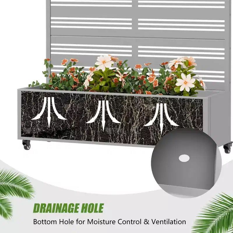 Grey wrought iron planters, 47x47x16, three-piece outdoor garden decor set.