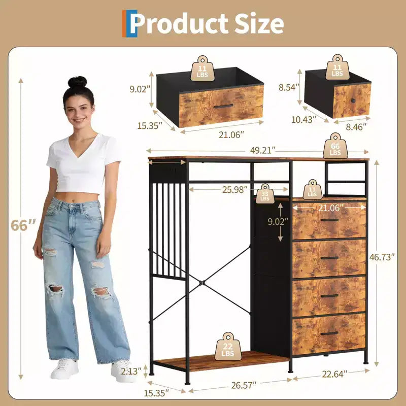 Dresser for Bedroom with Hanging Rack, 6 Fabric Drawers Dresser with Clothes Rack, Wooden Top Storage Chest of Drawers