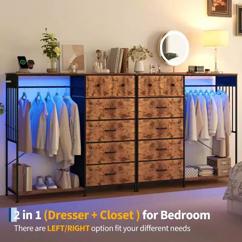 Dresser for Bedroom with Hanging Rack, 6 Fabric Drawers Dresser with Clothes Rack, Wooden Top Storage Chest of Drawers