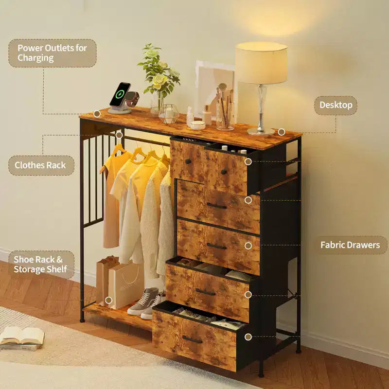 Dresser for Bedroom with Hanging Rack, 6 Fabric Drawers Dresser with Clothes Rack, Wooden Top Storage Chest of Drawers