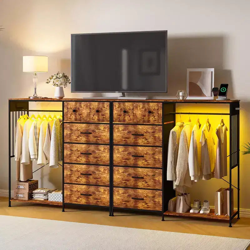 Dresser for Bedroom with Hanging Rack, 6 Fabric Drawers Dresser with Clothes Rack, Wooden Top Storage Chest of Drawers