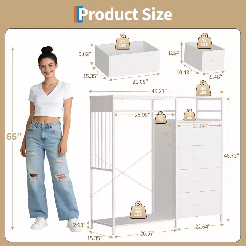 Dresser for Bedroom with Hanging Rack, 6 Fabric Drawers Dresser with Clothes Rack, Wooden Top Storage Chest of Drawers