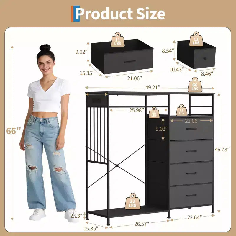 Dresser for Bedroom with Hanging Rack, 6 Fabric Drawers Dresser with Clothes Rack, Wooden Top Storage Chest of Drawers