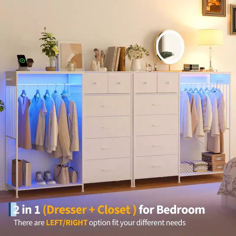 Dresser for Bedroom with Hanging Rack, 6 Fabric Drawers Dresser with Clothes Rack, Wooden Top Storage Chest of Drawers