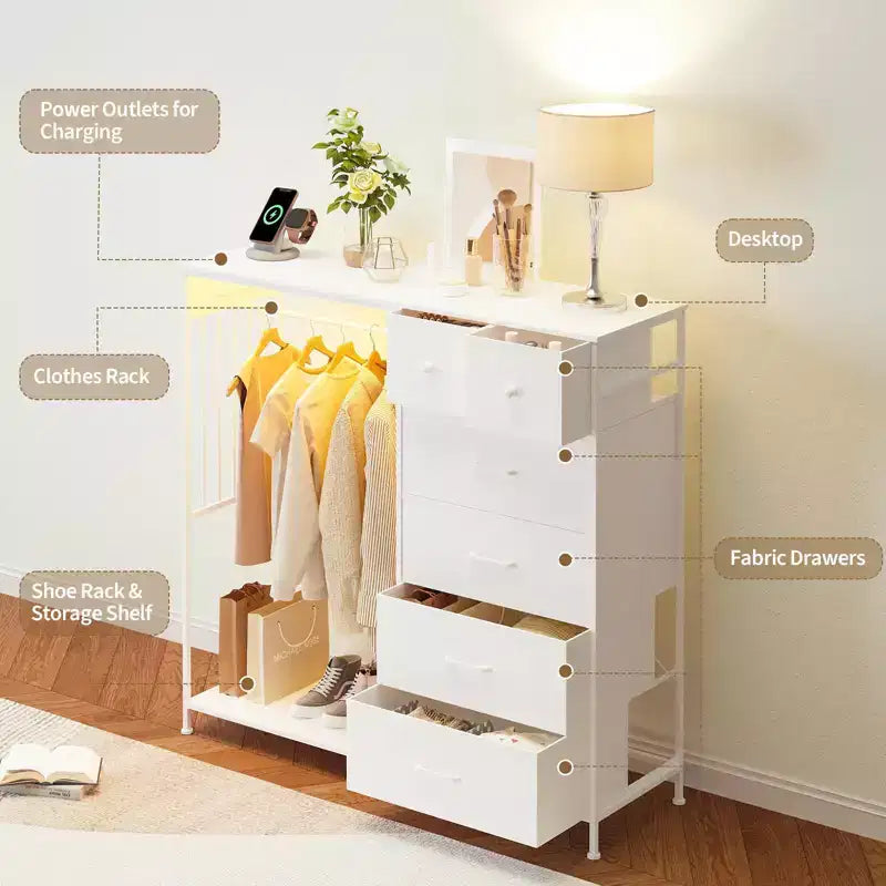 Dresser for Bedroom with Hanging Rack, 6 Fabric Drawers Dresser with Clothes Rack, Wooden Top Storage Chest of Drawers
