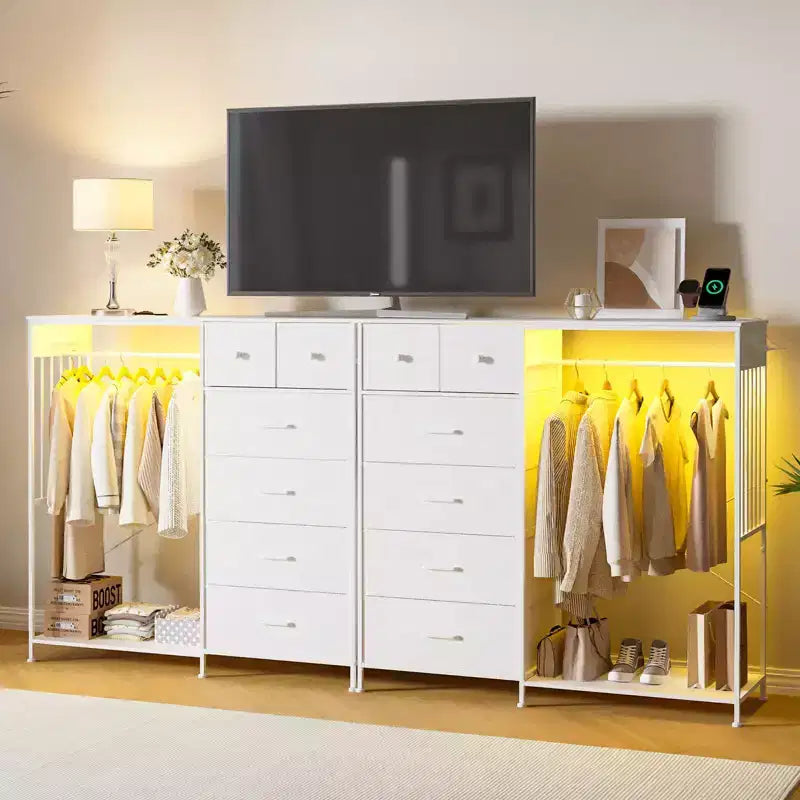 Dresser for Bedroom with Hanging Rack, 6 Fabric Drawers Dresser with Clothes Rack, Wooden Top Storage Chest of Drawers