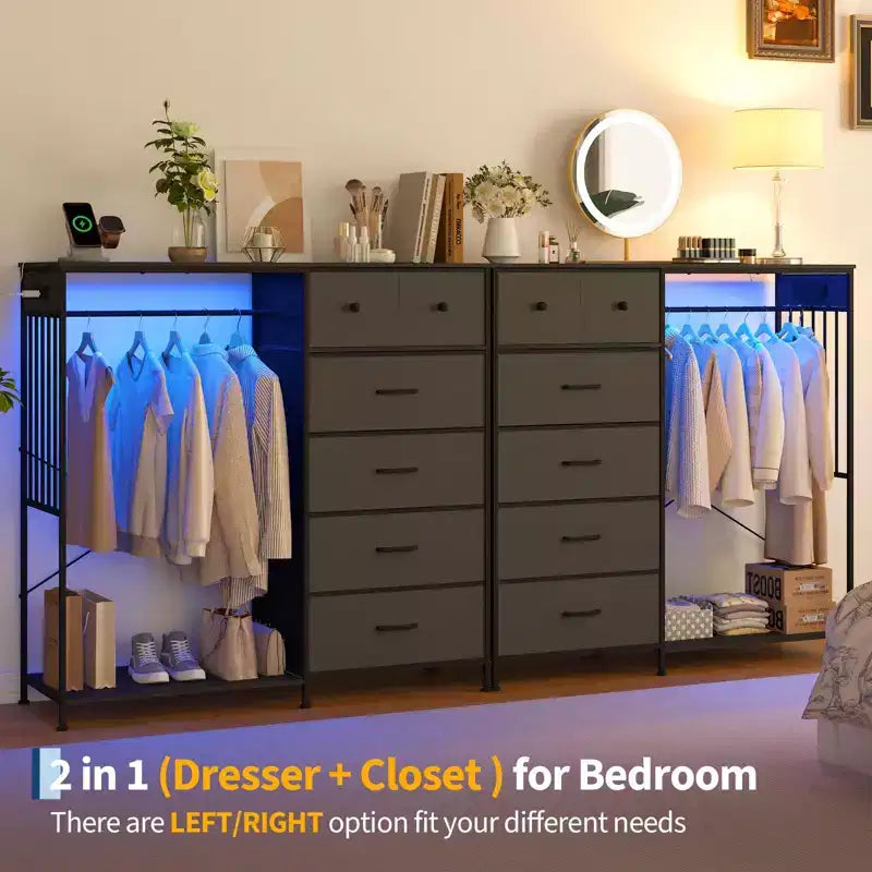 Dresser for Bedroom with Hanging Rack, 6 Fabric Drawers Dresser with Clothes Rack, Wooden Top Storage Chest of Drawers