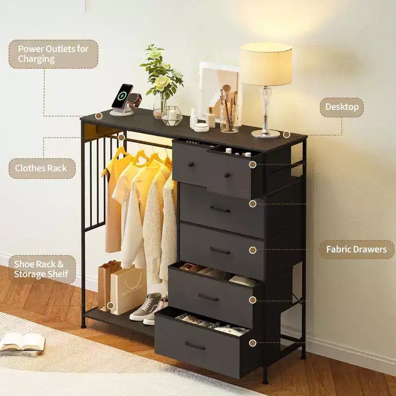 Dresser for Bedroom with Hanging Rack, 6 Fabric Drawers Dresser with Clothes Rack, Wooden Top Storage Chest of Drawers