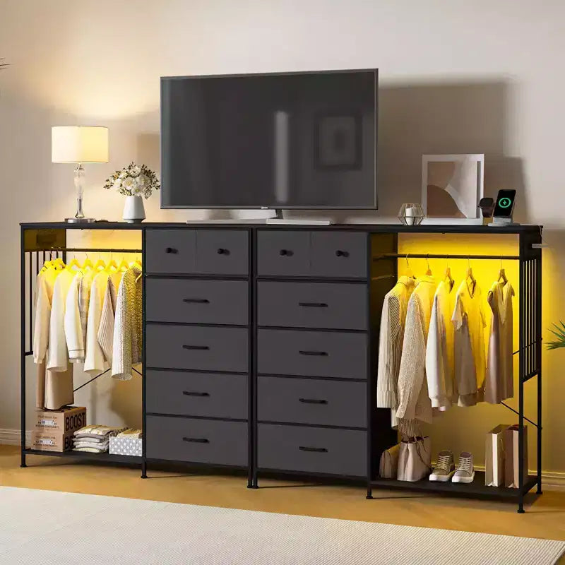 Dresser for Bedroom with Hanging Rack, 6 Fabric Drawers Dresser with Clothes Rack, Wooden Top Storage Chest of Drawers