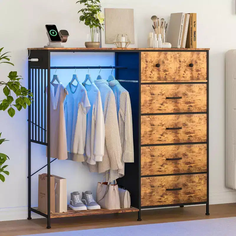 Dresser for Bedroom with Hanging Rack, 6 Fabric Drawers Dresser with Clothes Rack, Wooden Top Storage Chest of Drawers