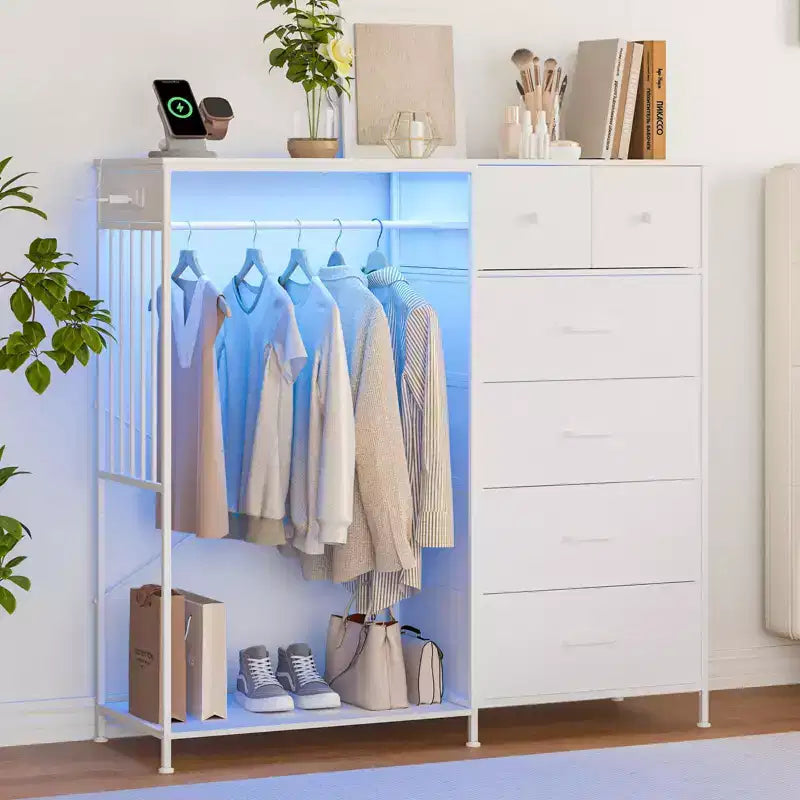 Dresser for Bedroom with Hanging Rack, 6 Fabric Drawers Dresser with Clothes Rack, Wooden Top Storage Chest of Drawers