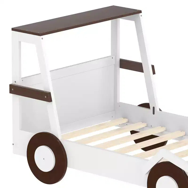Twin Size Car Bed with Storage Shelves, Wood Platform Bed with Car-shape for Kids