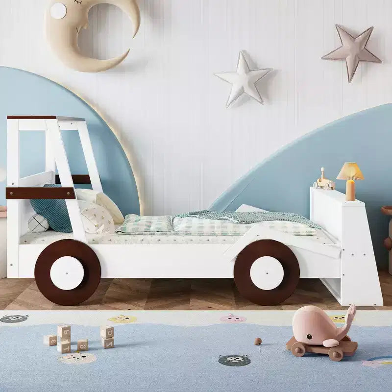 Twin Size Car Bed with Storage Shelves, Wood Platform Bed with Car-shape for Kids