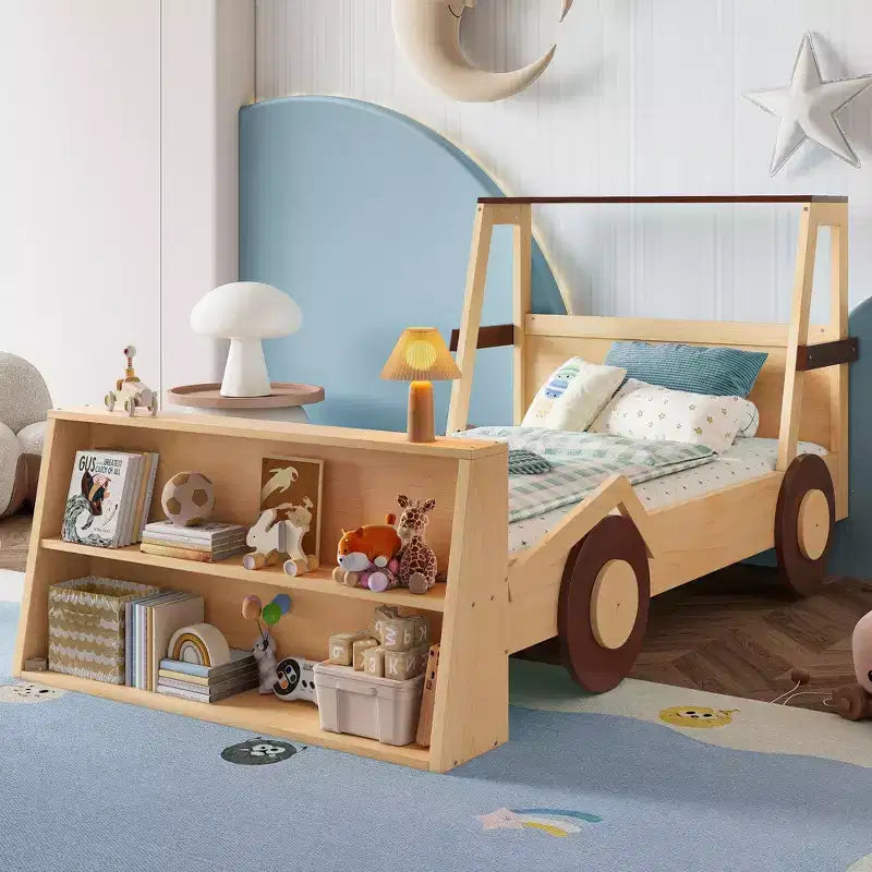Twin Size Car Bed with Storage Shelves, Wood Platform Bed with Car-shape for Kids