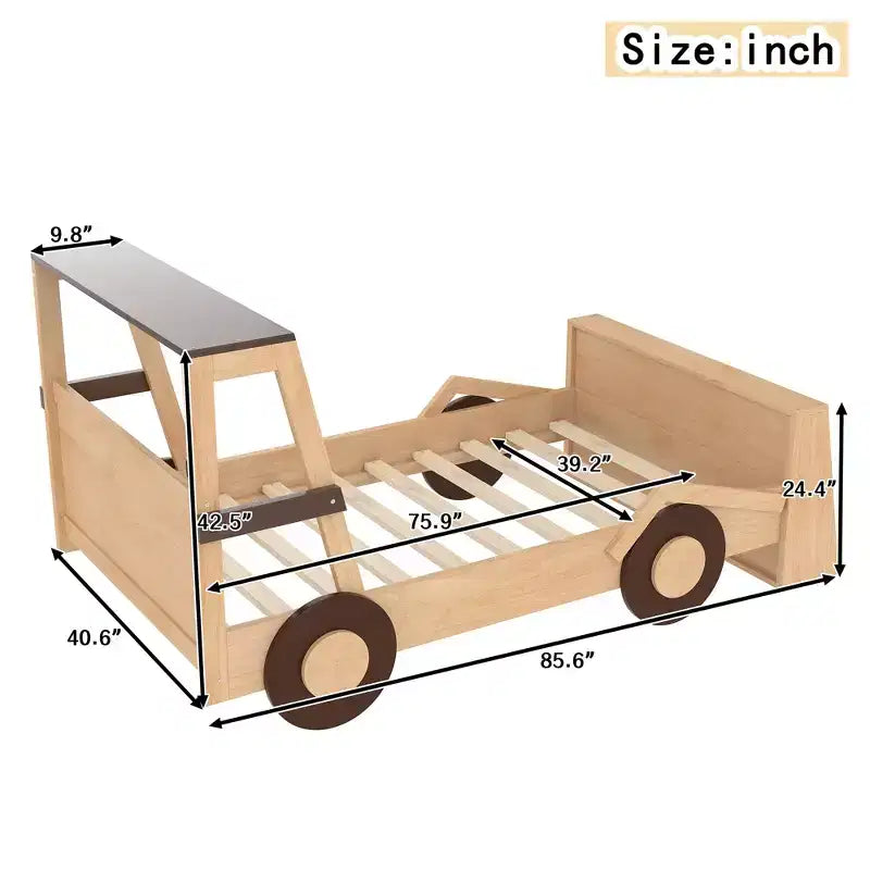 Twin Size Car Bed with Storage Shelves, Wood Platform Bed with Car-shape for Kids