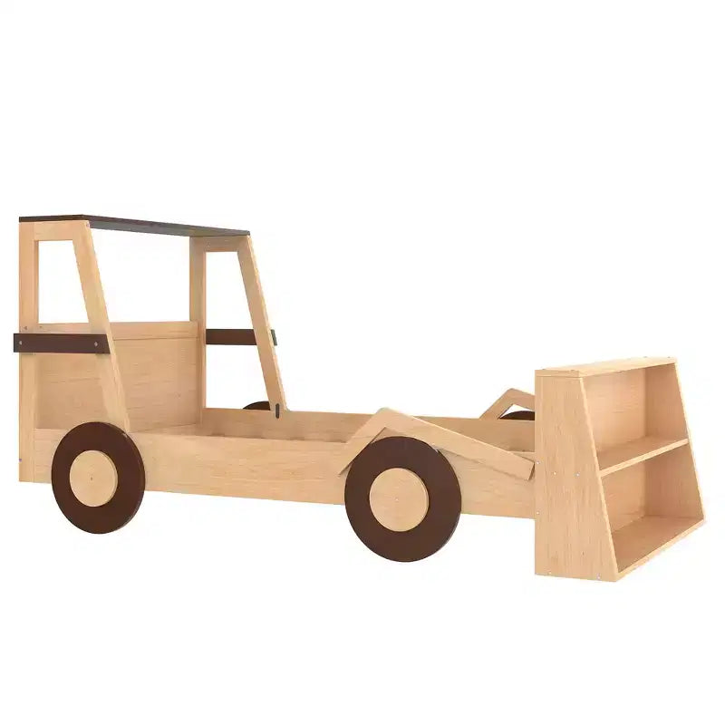Twin Size Car Bed with Storage Shelves, Wood Platform Bed with Car-shape for Kids
