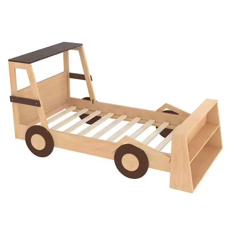 Twin Size Car Bed with Storage Shelves, Wood Platform Bed with Car-shape for Kids