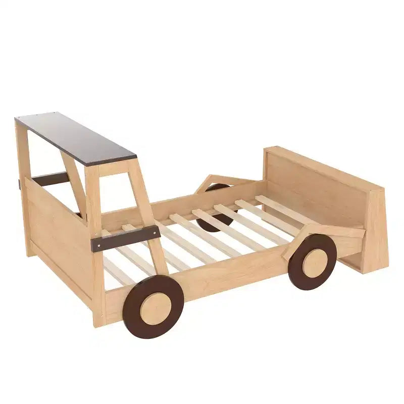 Twin Size Car Bed with Storage Shelves, Wood Platform Bed with Car-shape for Kids