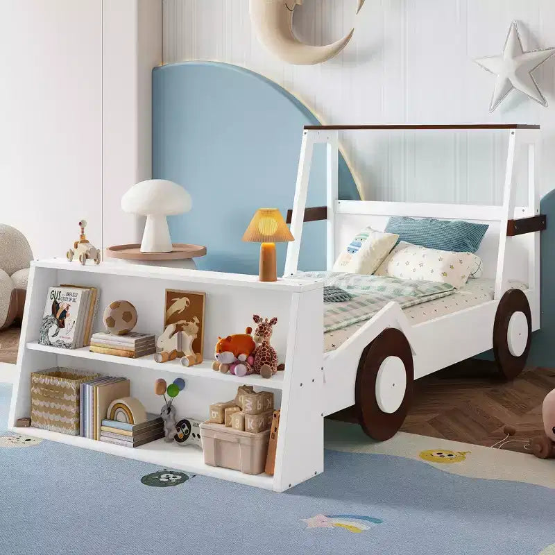 Twin Size Car Bed with Storage Shelves, Wood Platform Bed with Car-shape for Kids