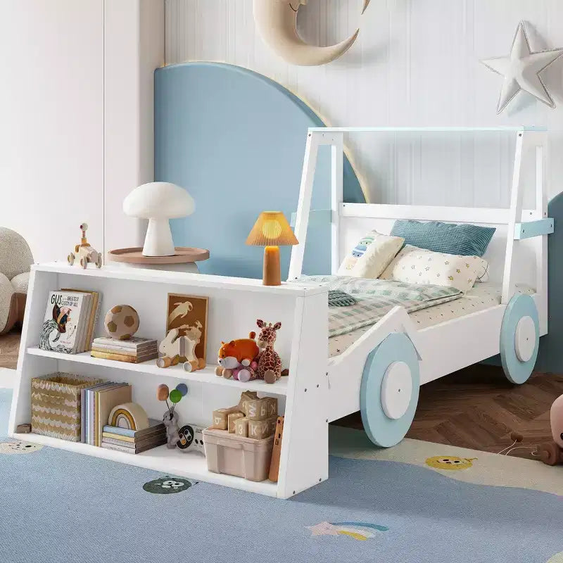 Twin Size Car Bed with Storage Shelves, Wood Platform Bed with Car-shape for Kids