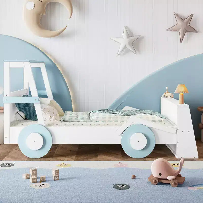 Twin Size Car Bed with Storage Shelves, Wood Platform Bed with Car-shape for Kids