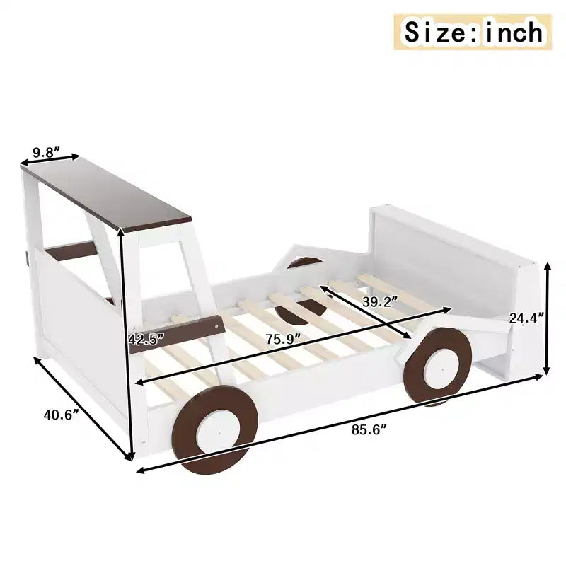 Twin Size Car Bed with Storage Shelves, Wood Platform Bed with Car-shape for Kids