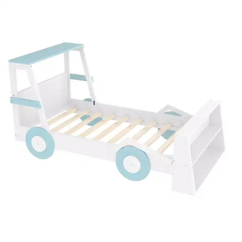 Twin Size Car Bed with Storage Shelves, Wood Platform Bed with Car-shape for Kids