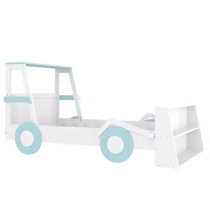 Twin Size Car Bed with Storage Shelves, Wood Platform Bed with Car-shape for Kids