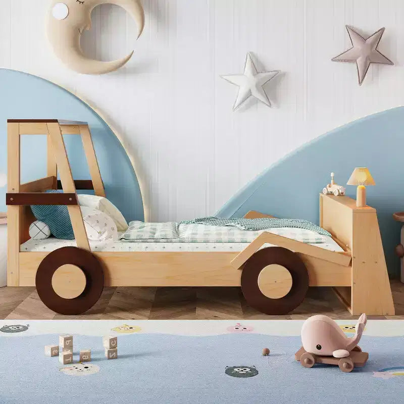 Twin Size Car Bed with Storage Shelves, Wood Platform Bed with Car-shape for Kids