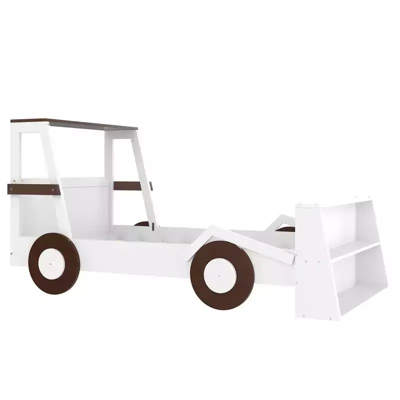 Twin Size Car Bed with Storage Shelves, Wood Platform Bed with Car-shape for Kids