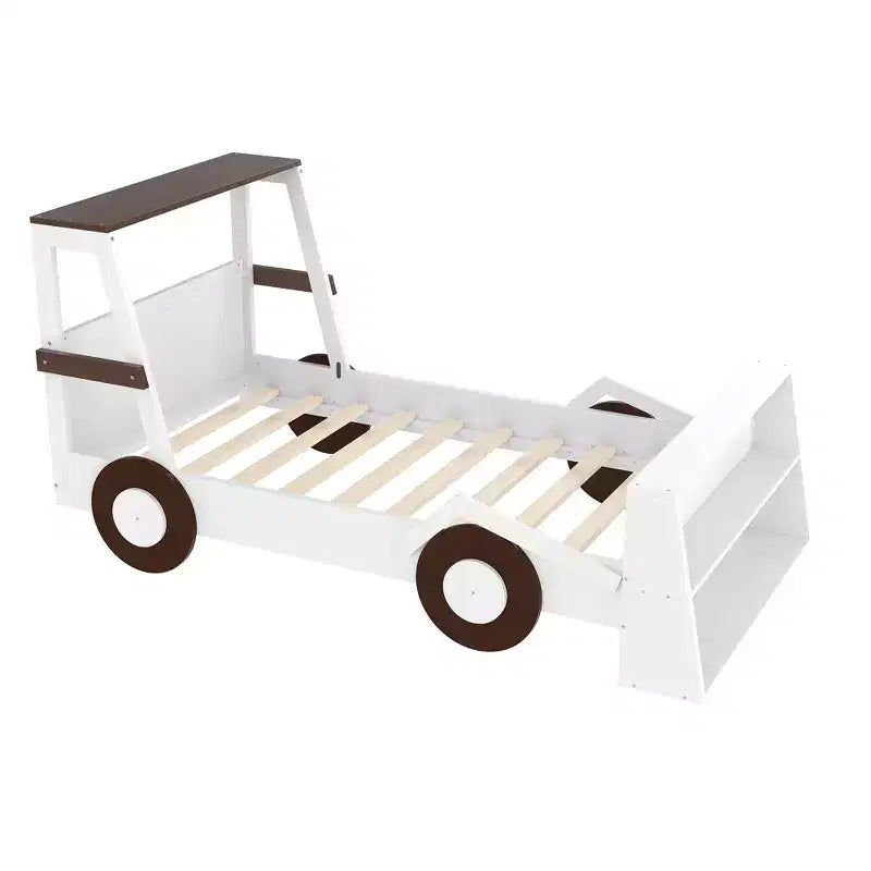 Twin Size Car Bed with Storage Shelves, Wood Platform Bed with Car-shape for Kids