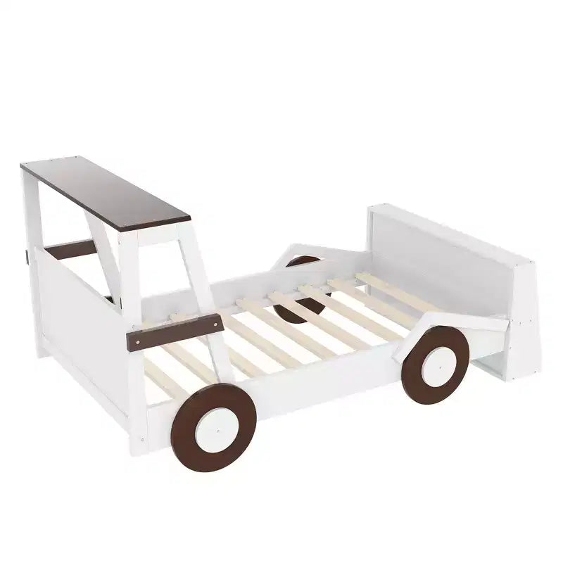 Twin Size Car Bed with Storage Shelves, Wood Platform Bed with Car-shape for Kids