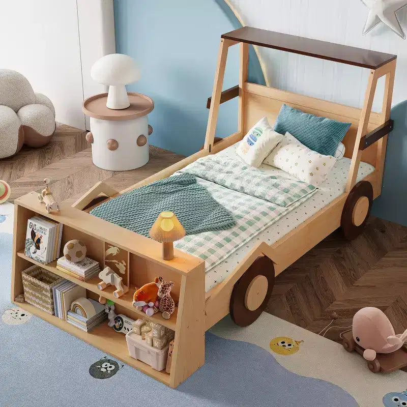 Twin Size Car Bed with Storage Shelves, Wood Platform Bed with Car-shape for Kids