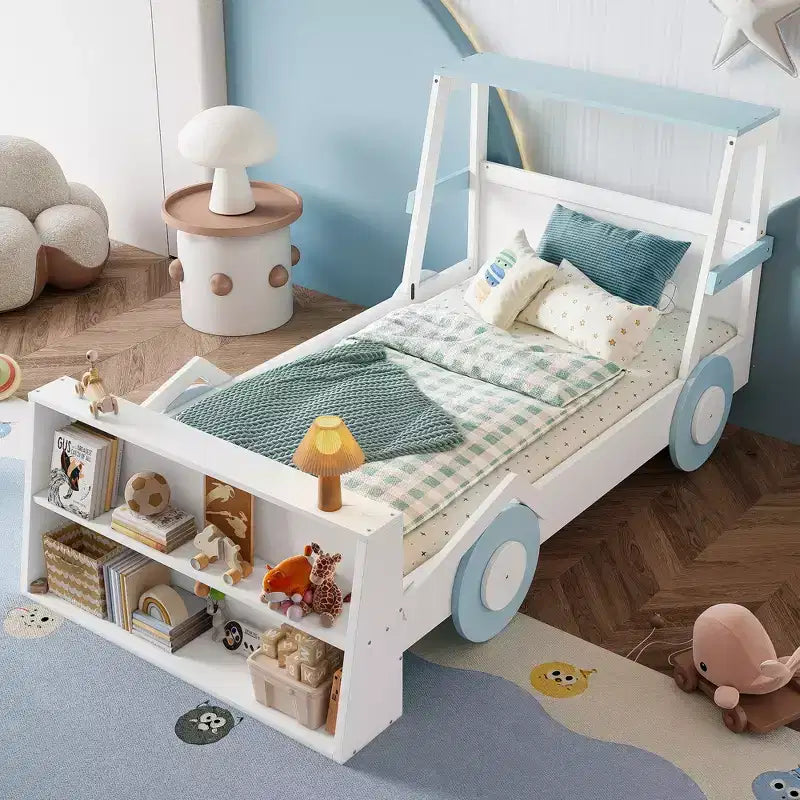 Twin Size Car Bed with Storage Shelves, Wood Platform Bed with Car-shape for Kids