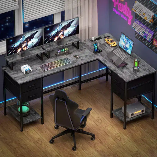 149.9 cm Grey L Shaped Computer Desk with Charging Station Two Person Gaming Desk 4 Drawers 2 Monitor Stands Home Office Corner Workstation