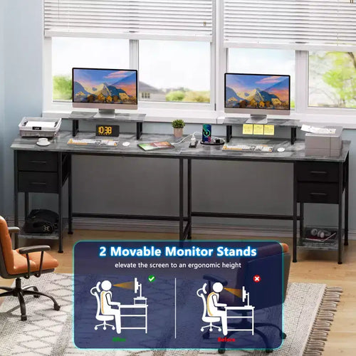 Scrivania per computer angolare a L da 149,9 cm grigia con stazione di ricarica, scrivania da gioco per due persone con 4 cassetti, 2 supporti per monitor, postazione di lavoro angolare per ufficio domestico