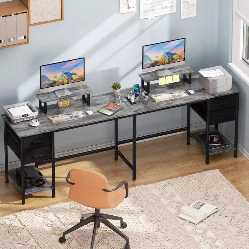 59 Inch Grey L Shaped Computer Desk with Charging Station Two Person Gaming Desk 4 Drawers 2 Monitor Stands Home Office Corner Workstation