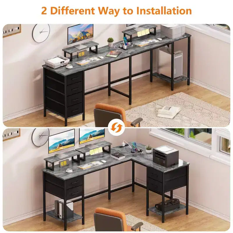 59 Inch Grey L Shaped Computer Desk with Charging Station Two Person Gaming Desk 4 Drawers 2 Monitor Stands Home Office Corner Workstation