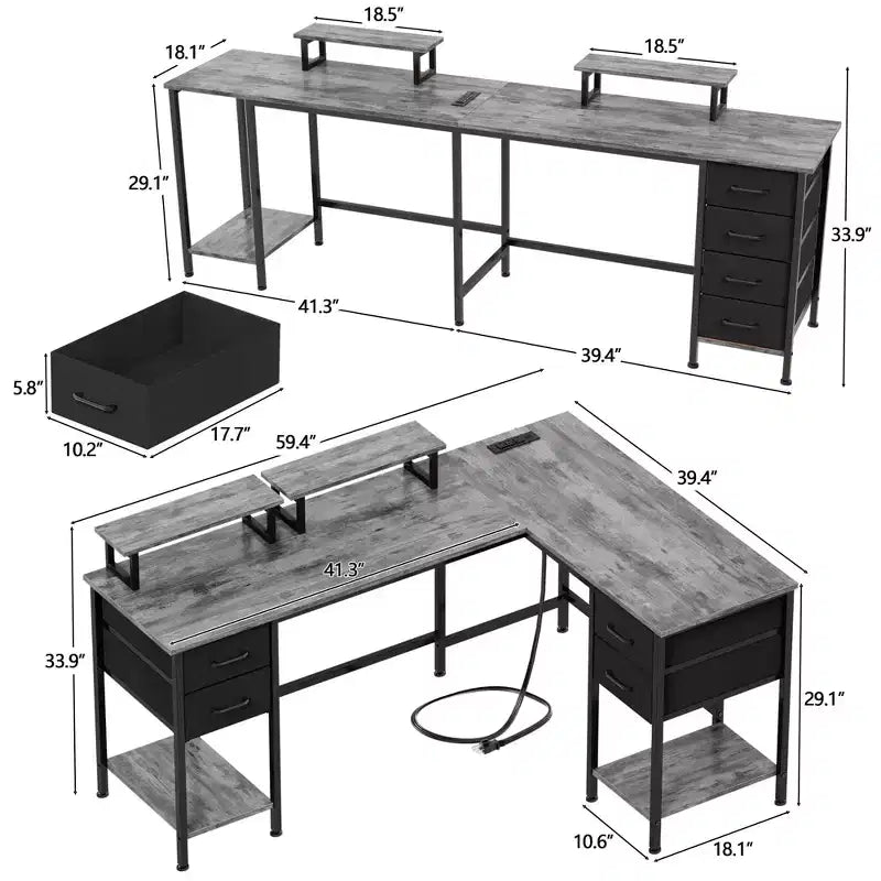 59 Inch Grey L Shaped Computer Desk with Charging Station Two Person Gaming Desk 4 Drawers 2 Monitor Stands Home Office Corner Workstation