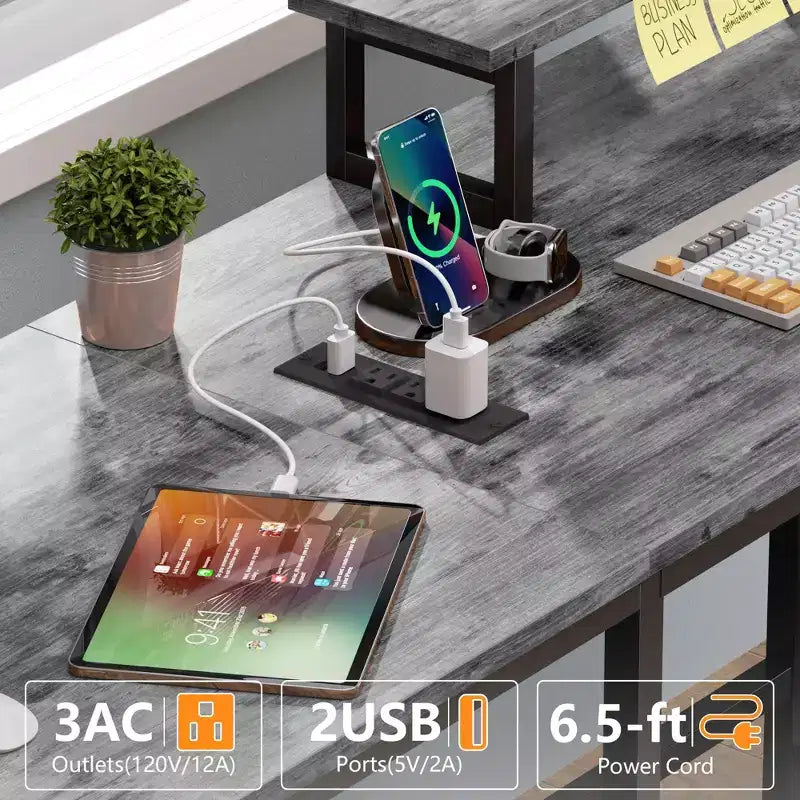 59 Inch Grey L Shaped Computer Desk with Charging Station Two Person Gaming Desk 4 Drawers 2 Monitor Stands Home Office Corner Workstation
