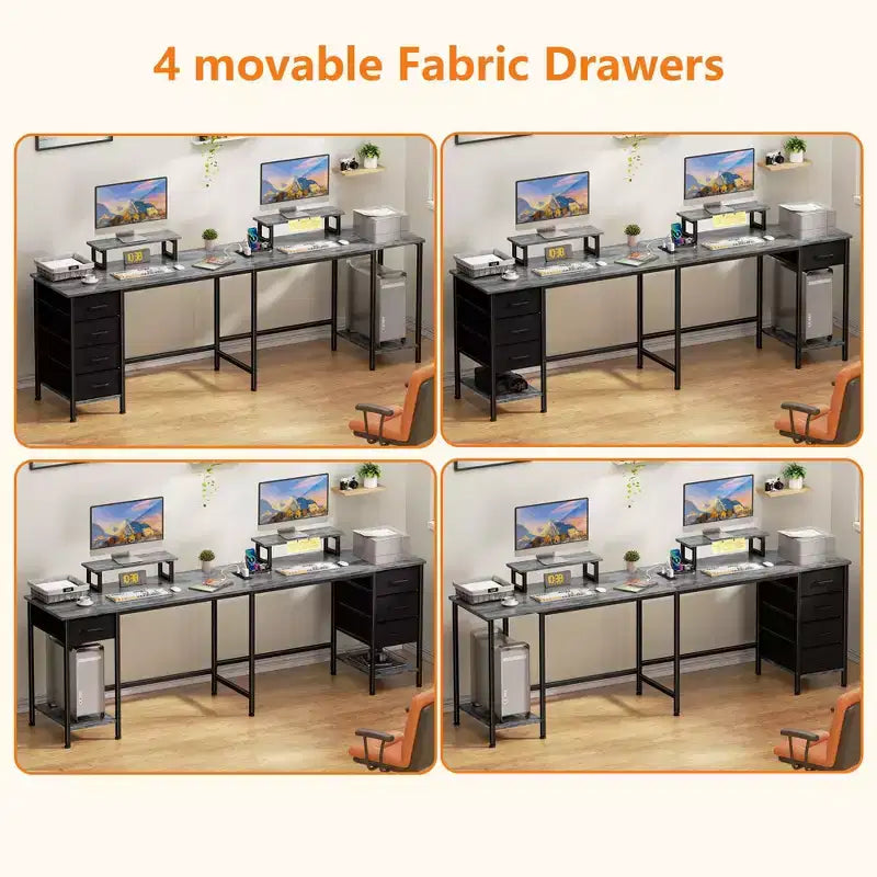 59 Inch Grey L Shaped Computer Desk with Charging Station Two Person Gaming Desk 4 Drawers 2 Monitor Stands Home Office Corner Workstation
