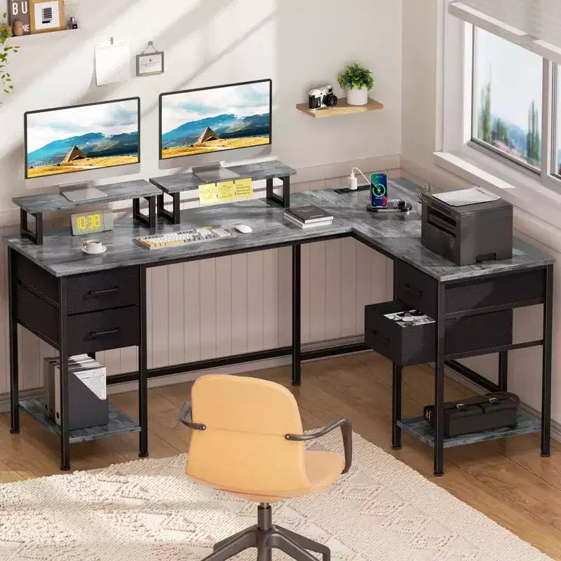 59 Inch Grey L Shaped Computer Desk with Charging Station Two Person Gaming Desk 4 Drawers 2 Monitor Stands Home Office Corner Workstation