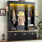 Tree with Storage Bench, Coat Rack Entryway Organizer with 9 Hooks & 3 Flip-Down Cabinets