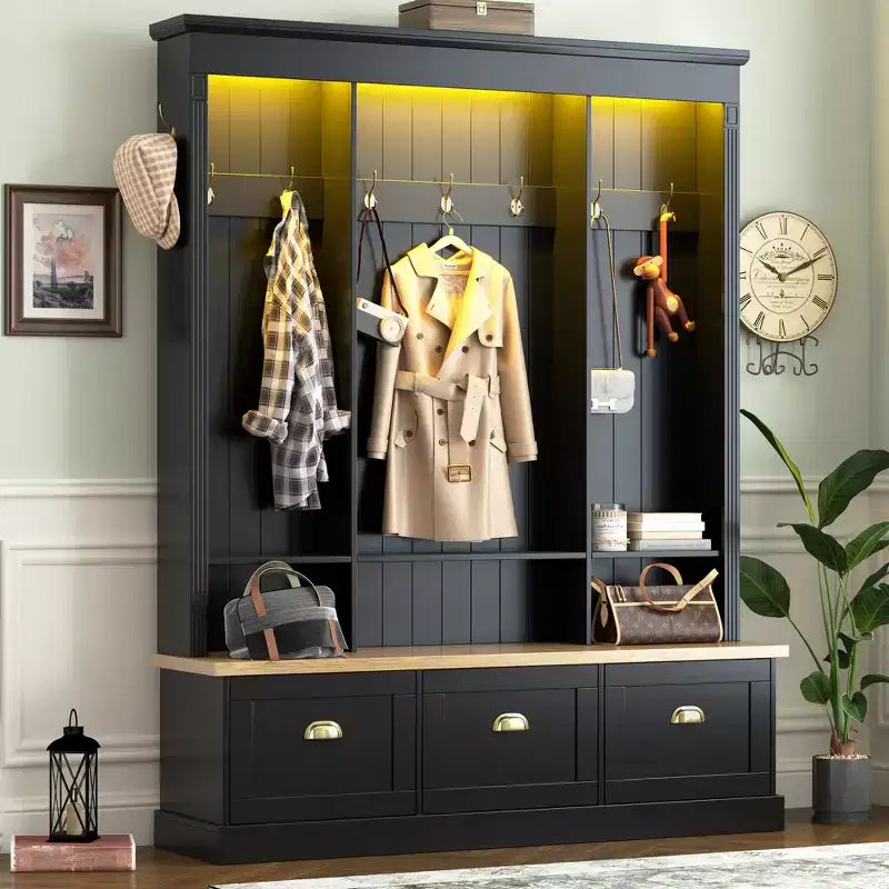 ModernLuxe Smart LED Hall Tree with Storage Bench, Coat Rack Entryway Organizer with 9 Hooks & 3 Flip-Down Shoe Cabinets