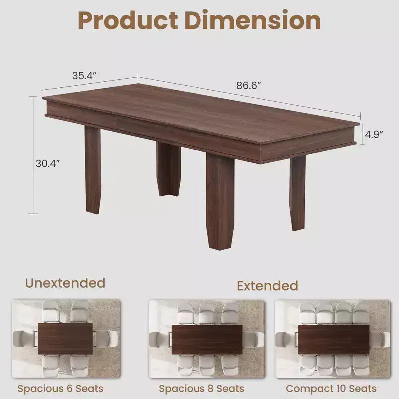 63 in-86.6 in Extendable Dining Room Table for 6-10, Kitchen Tables w/Wooden Sturdy Frame, Large Rectangular Dinner Table for Dining Room