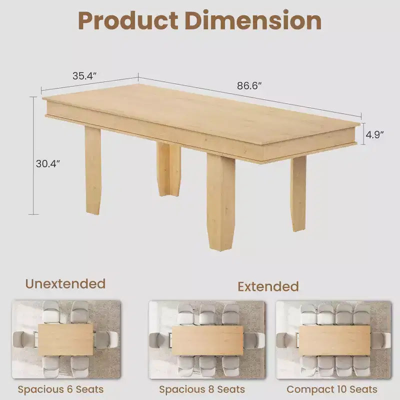 63 in-86.6 in Extendable Dining Room Table for 6-10, Kitchen Tables w/Wooden Sturdy Frame, Large Rectangular Dinner Table for Dining Room