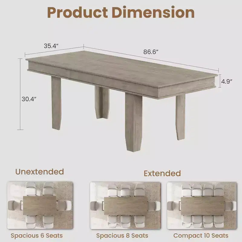 63 in-86.6 in Extendable Dining Room Table for 6-10, Kitchen Tables w/Wooden Sturdy Frame, Large Rectangular Dinner Table for Dining Room