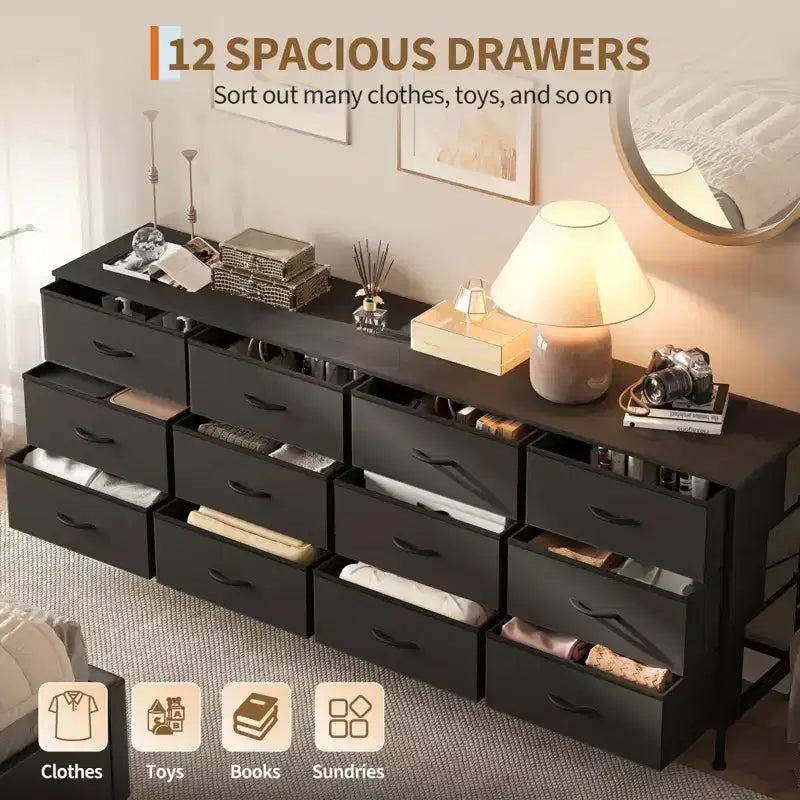 70 Inch TV Stands for Living Room, 12 Fabric Drawers, Charging Station, Long Entertainment Center Up to 80 Inch TV, Media Table with Storage