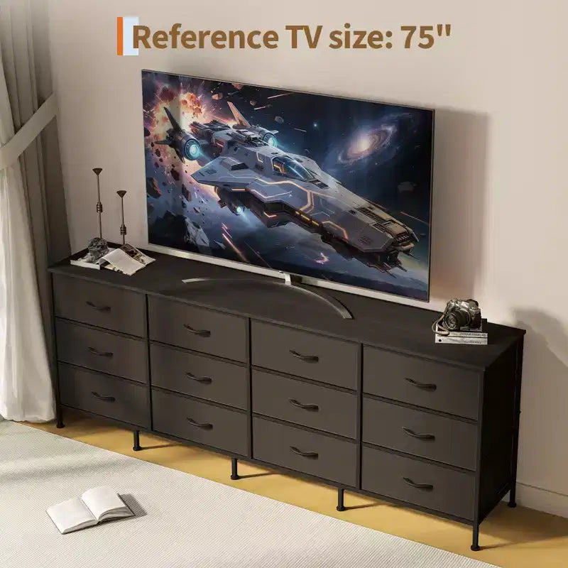 70 Inch TV Stands for Living Room, 12 Fabric Drawers, Charging Station, Long Entertainment Center Up to 80 Inch TV, Media Table with Storage